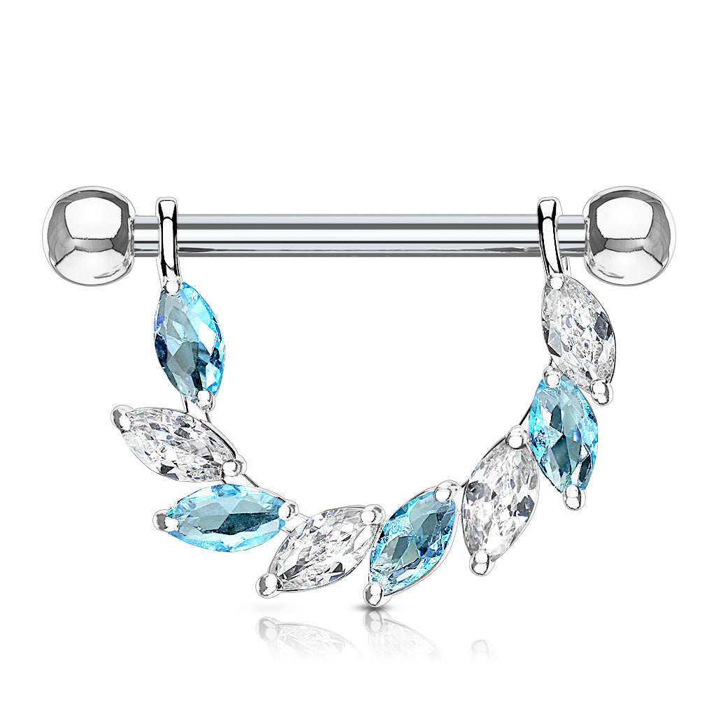 Marquise CZ Bridge Dangle Nipple Ring With 316L Surgical Steel Barbell - Clear/Aqua