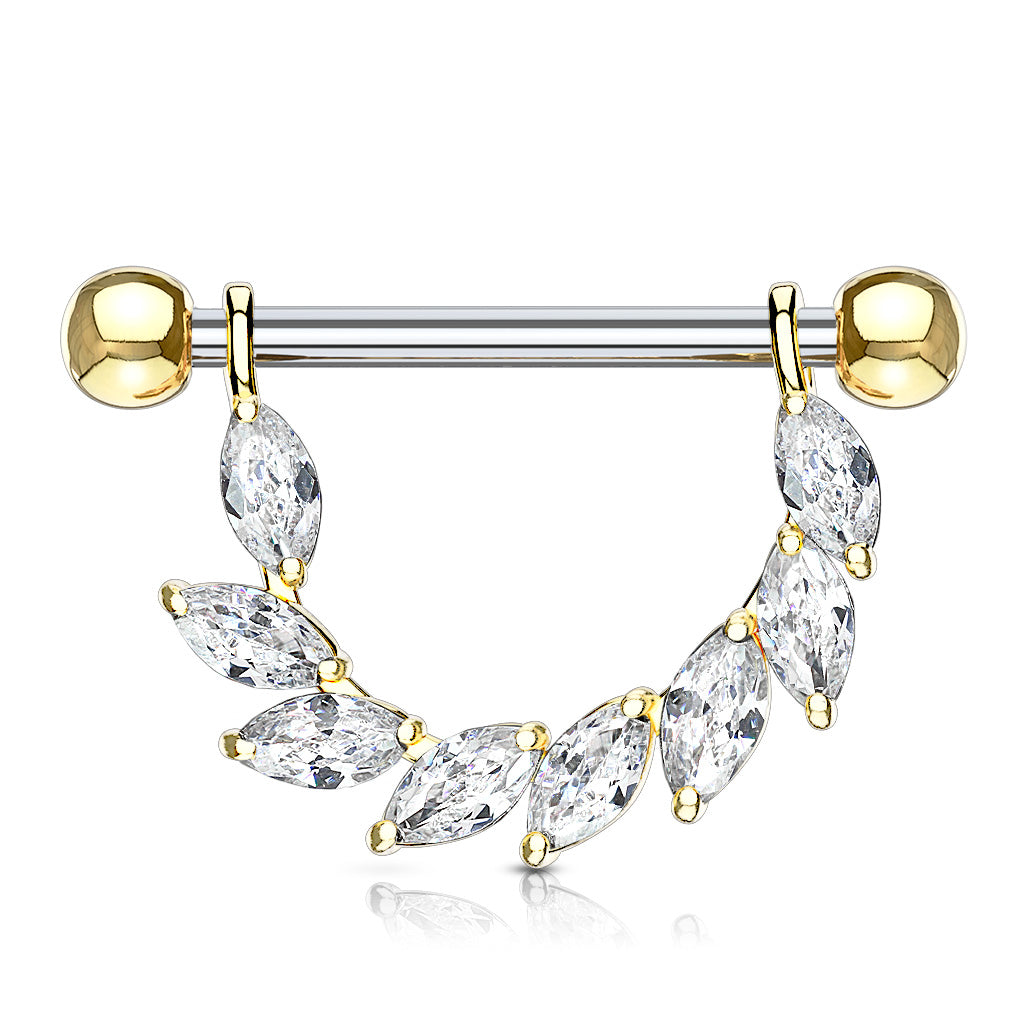 Marquise CZ Bridge Dangle Nipple Ring With 316L Surgical Steel Barbell - Gold/Clear