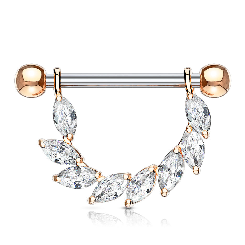 Marquise CZ Bridge Dangle Nipple Ring With 316L Surgical Steel Barbell - Rose Gold/Clear