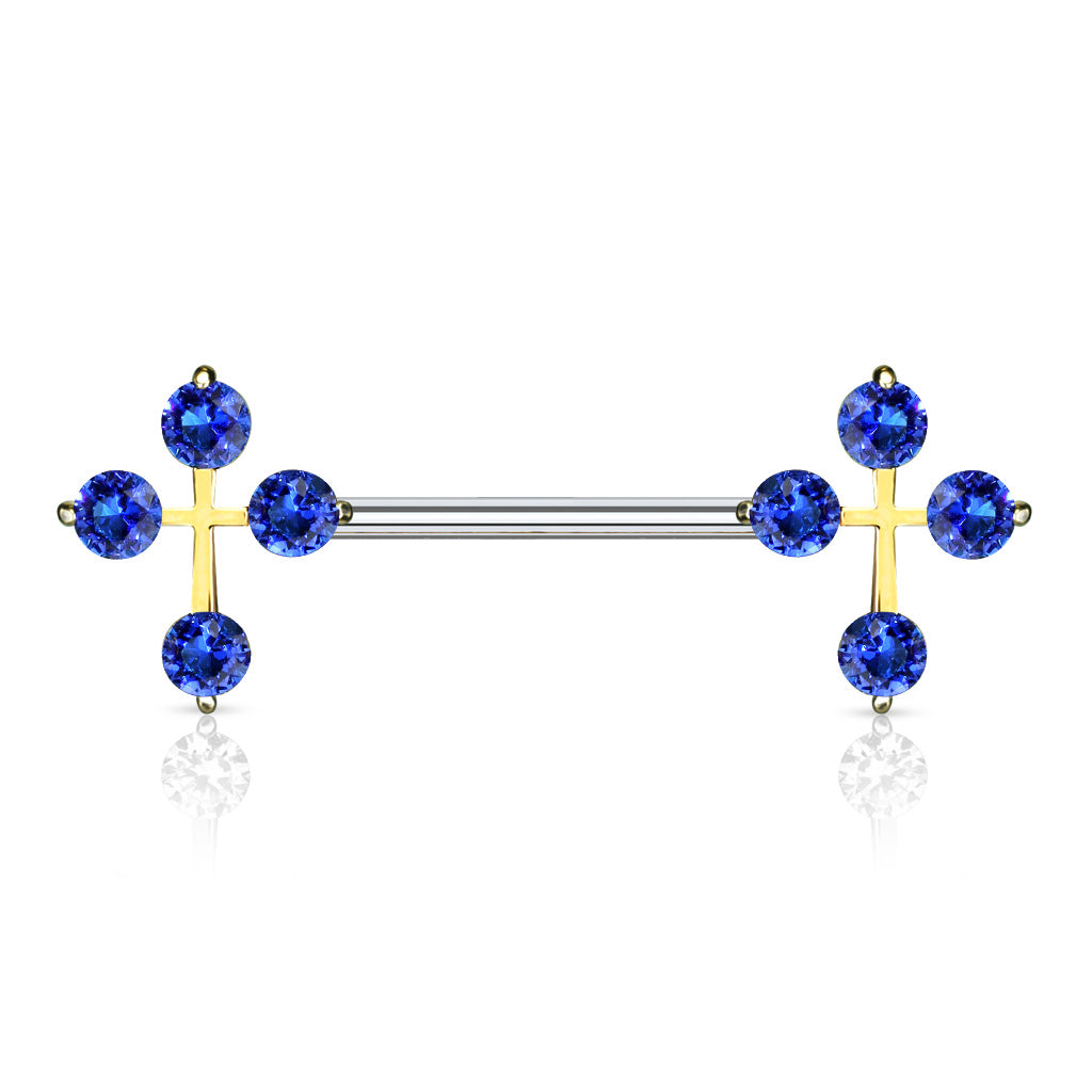CZ Cross Ends 316L Surgical Steel Nipple Barbell Rings - Gold/Blue