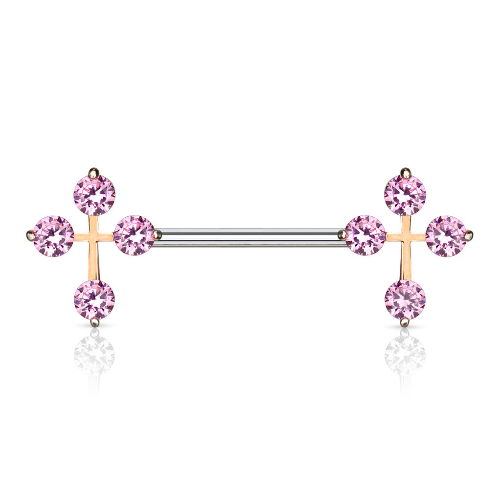 CZ Cross Ends 316L Surgical Steel Nipple Barbell Rings - Rose Gold/Pink