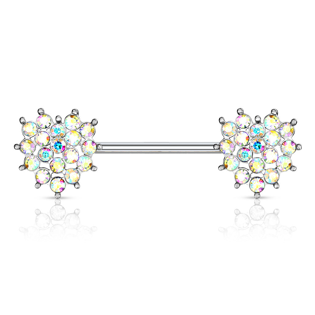 Crystal Paved Heart Ends 316L Surgical Steel Nipple Barbell Rings - Aurora Borealis
