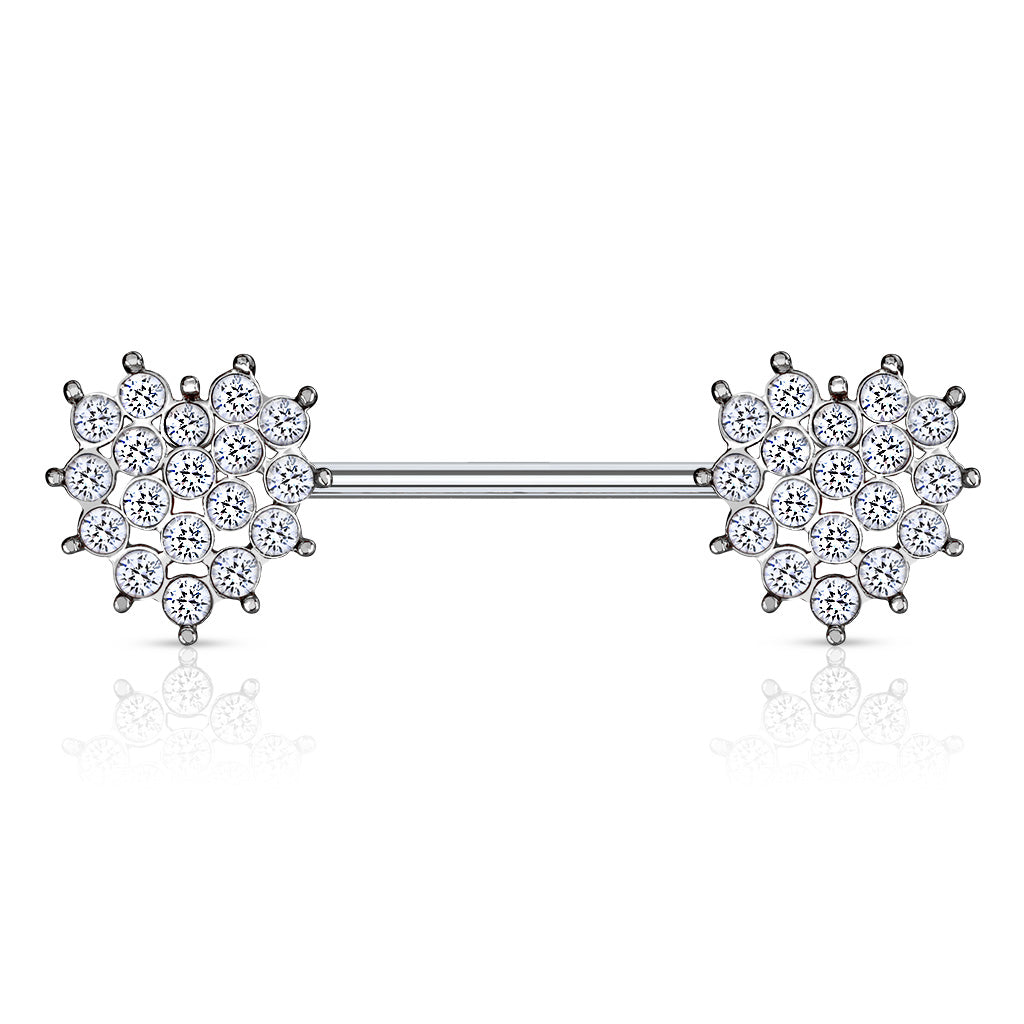 Crystal Paved Heart Ends 316L Surgical Steel Nipple Barbell Rings - Clear