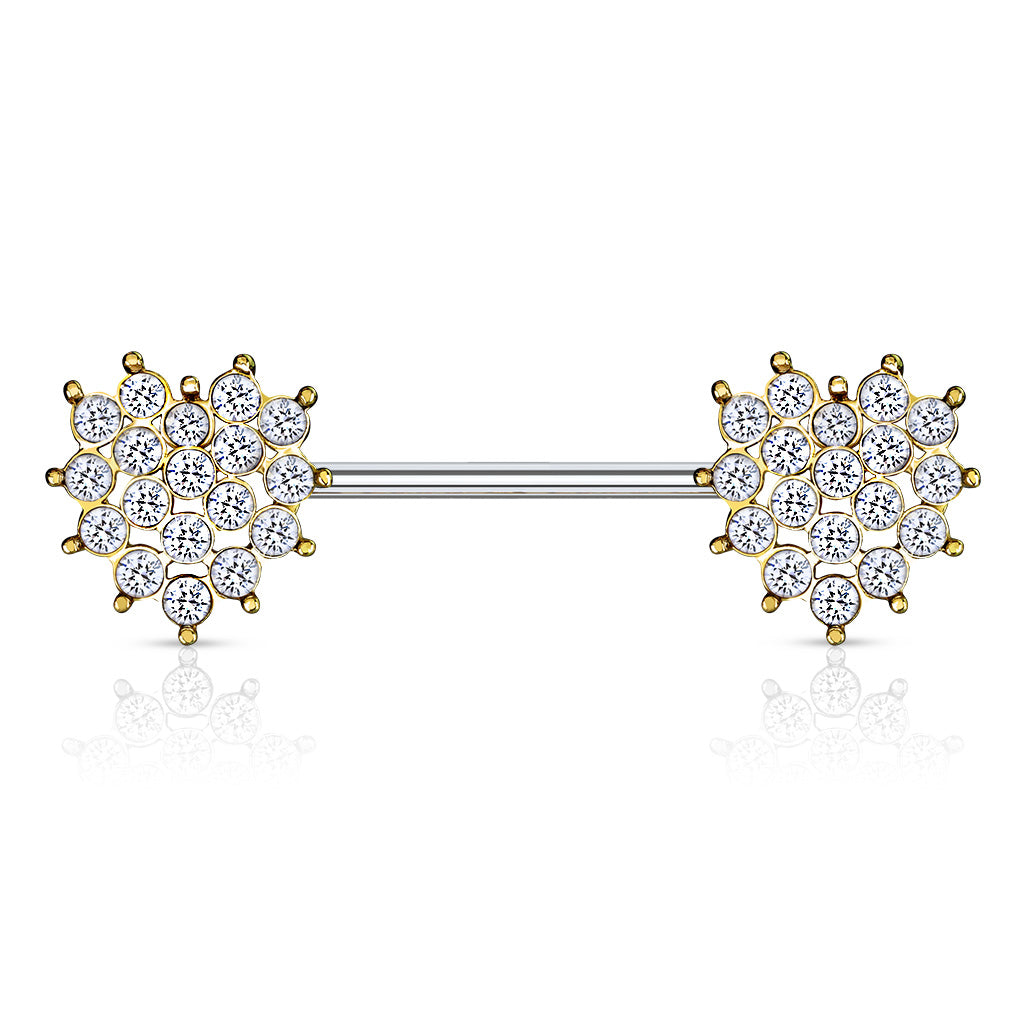Crystal Paved Heart Ends 316L Surgical Steel Nipple Barbell Rings - Gold/Clear