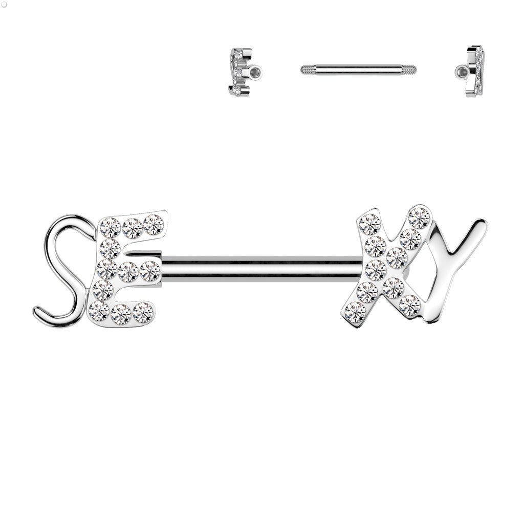 "SEXY" Nipple Bar with Paved Gems 316L Surgical Steel - Clear