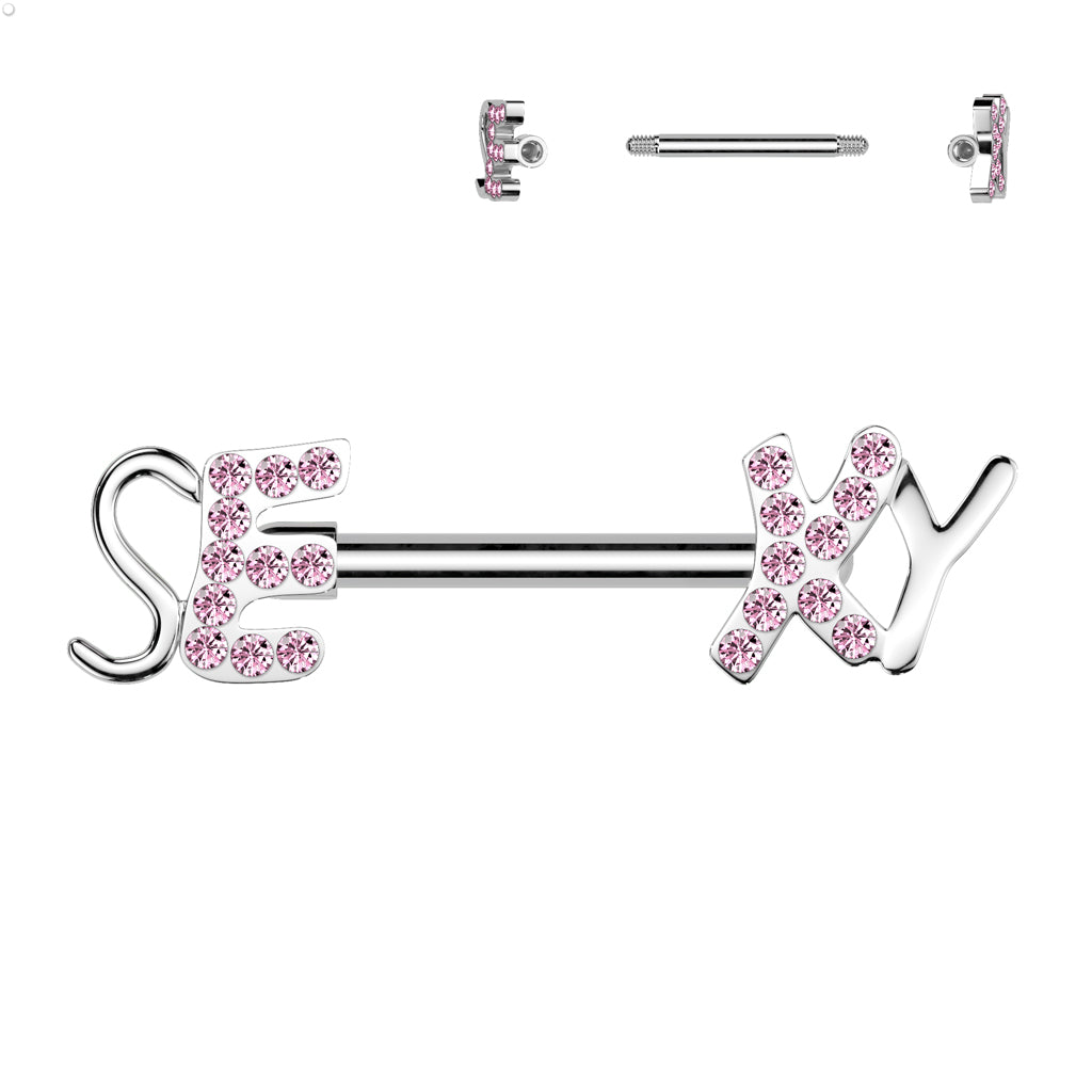 "SEXY" Nipple Bar with Paved Gems 316L Surgical Steel - Pink