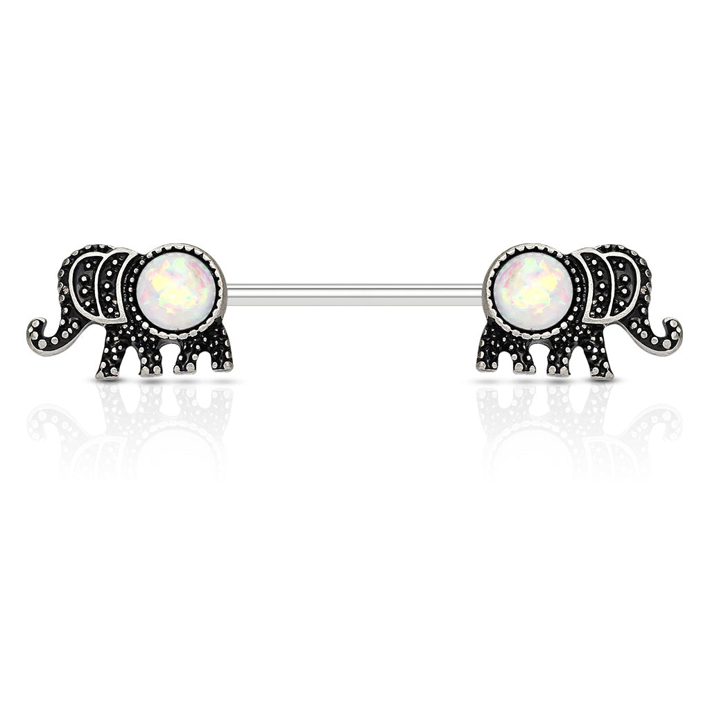 Elephant with Opal Glitter Set 316L Surgical Steel Nipple Barbells - White