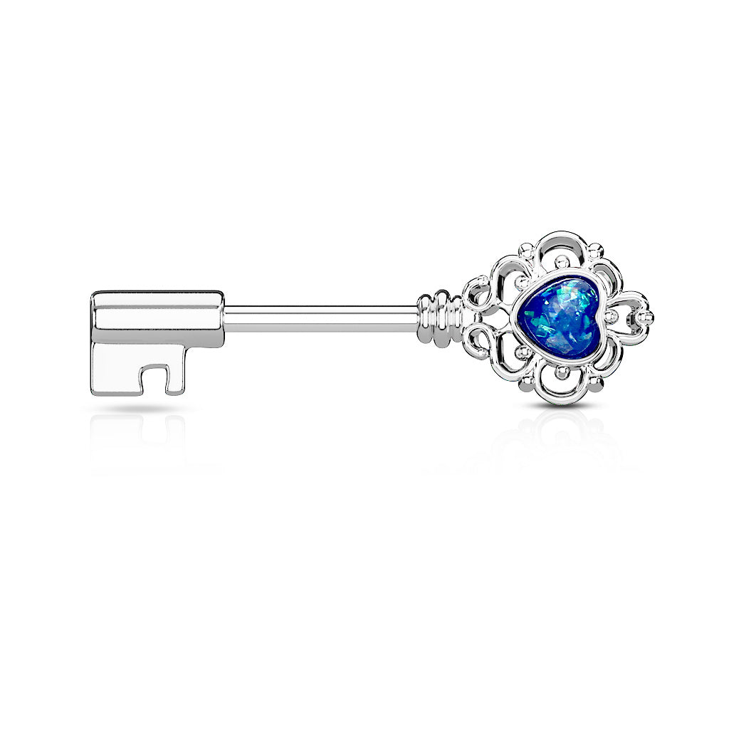 Opal Glitter Heart Centered Filigree Vintage Key 316L Surgical Steel Nipple Barbell Rings - Blue