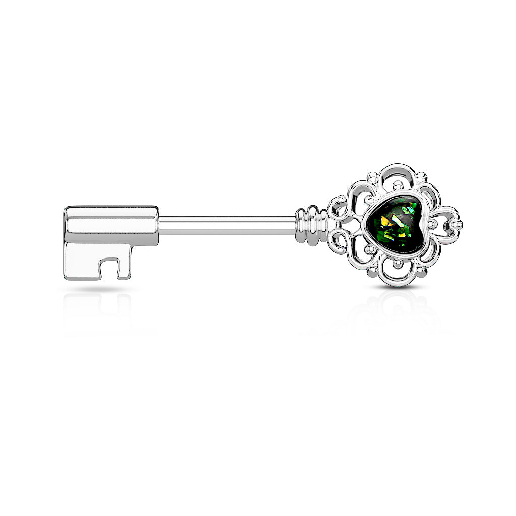 Opal Glitter Heart Centered Filigree Vintage Key 316L Surgical Steel Nipple Barbell Rings - Dark Green