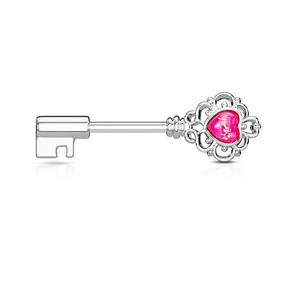 Opal Glitter Heart Centered Filigree Vintage Key 316L Surgical Steel Nipple Barbell Rings - Pink