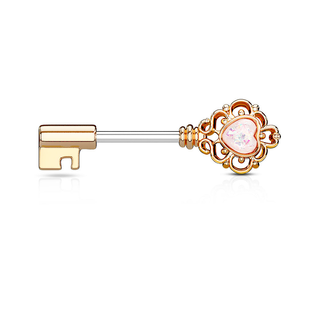 Opal Glitter Heart Centered Filigree Vintage Key 316L Surgical Steel Nipple Barbell Rings - Rose Gold/White