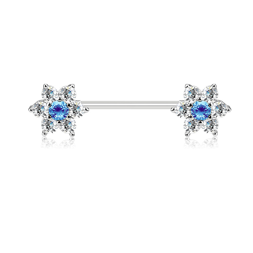 Cz Flowers On Both Ends 316L Surgical Steel Barbell Nipple Rings - Clear/Aqua