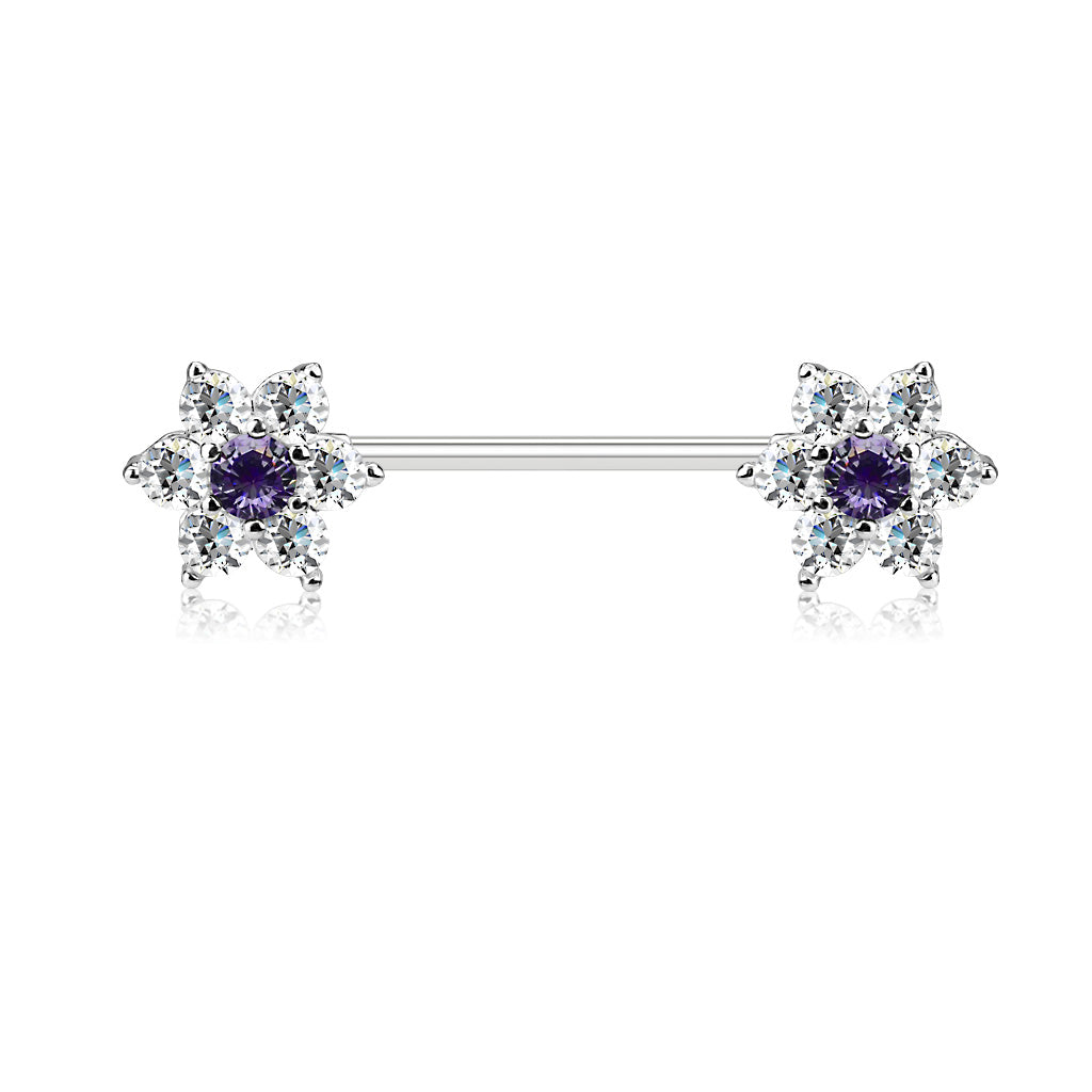 Cz Flowers On Both Ends 316L Surgical Steel Barbell Nipple Rings - Clear/Tanzanite