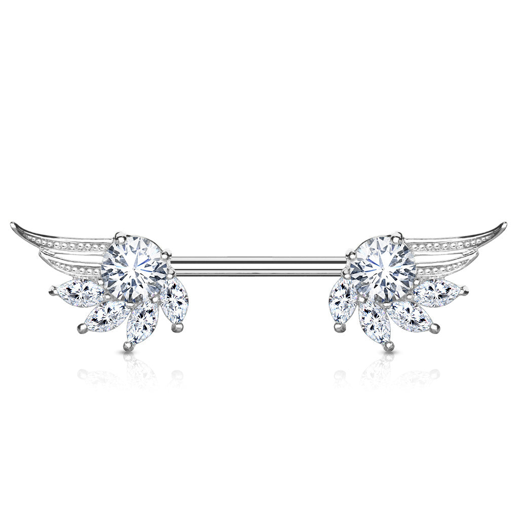 Round and Marquise CZ Prong Set Angel Wings Ends 316L Surgical Steel Nipple Barbell Rings - Clear