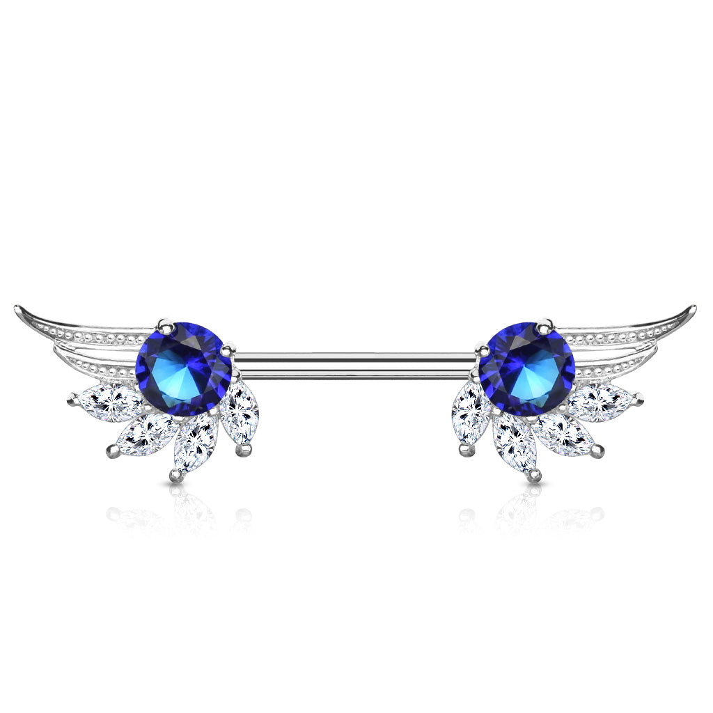 Round and Marquise CZ Prong Set Angel Wings Ends 316L Surgical Steel Nipple Barbell Rings - Clear/Blue