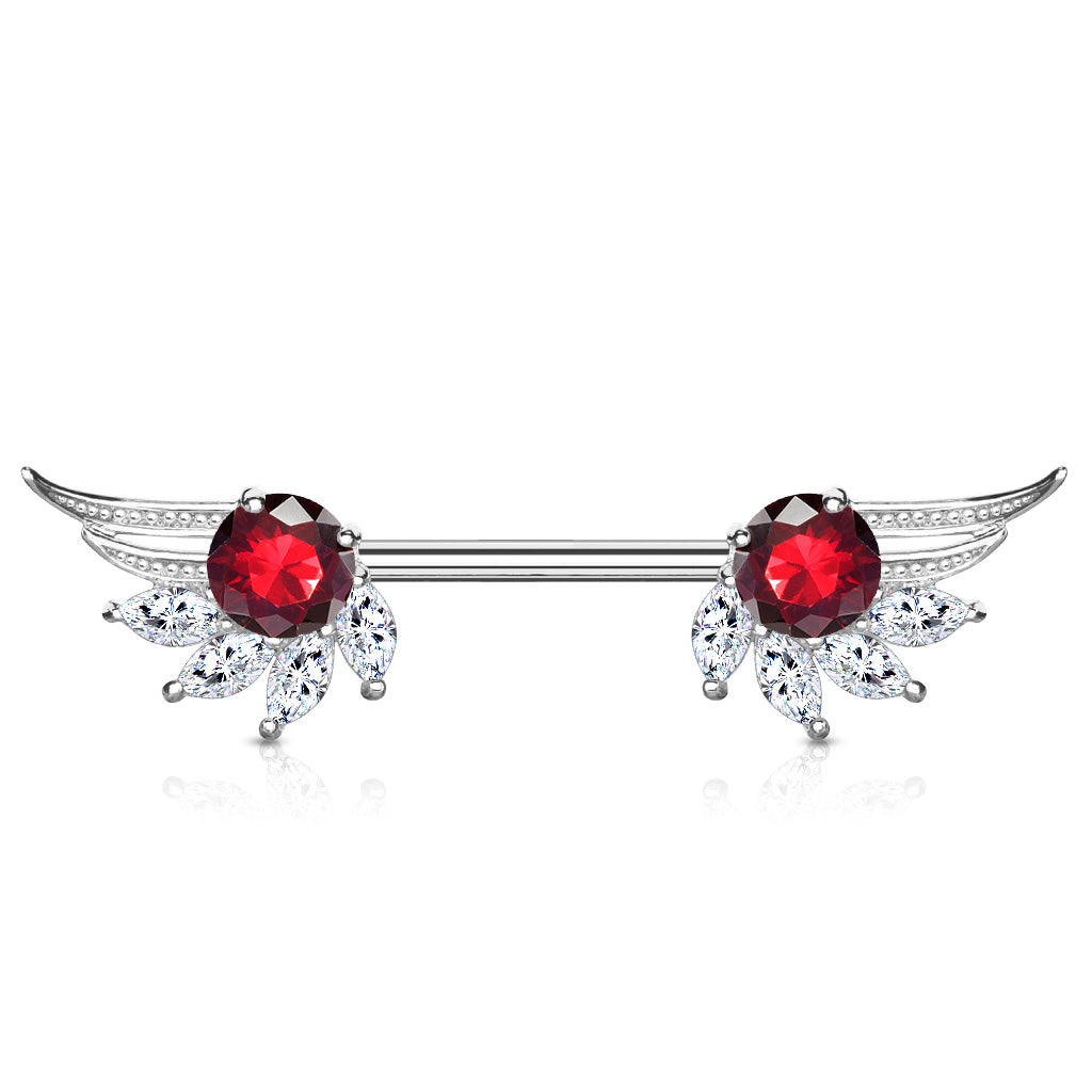 Round and Marquise CZ Prong Set Angel Wings Ends 316L Surgical Steel Nipple Barbell Rings - Clear/Red
