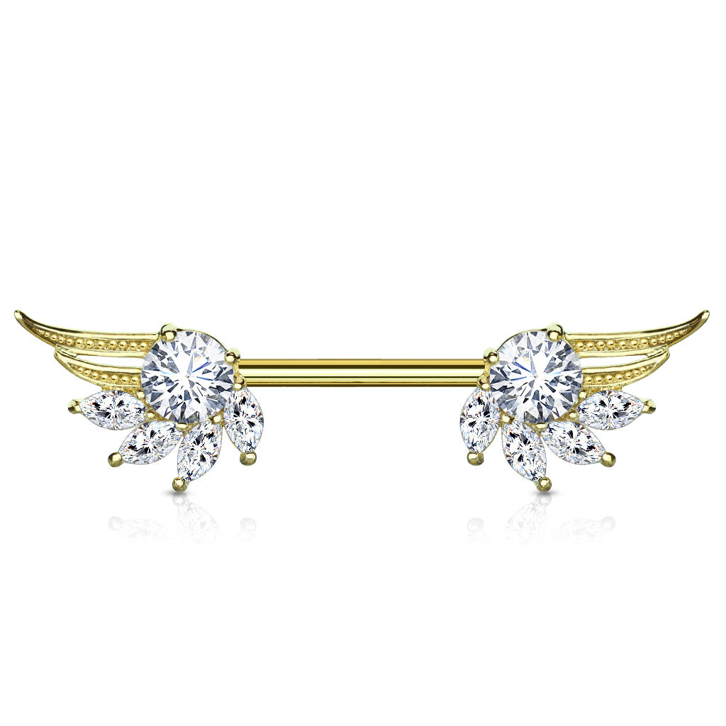 Round and Marquise CZ Prong Set Angel Wings Ends 316L Surgical Steel Nipple Barbell Rings - Gold/Clear