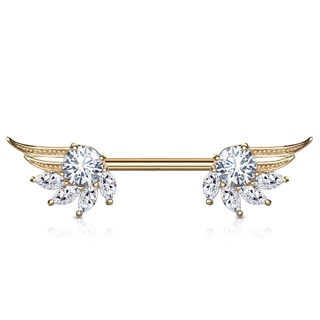 Round and Marquise CZ Prong Set Angel Wings Ends 316L Surgical Steel Nipple Barbell Rings - Rose Gold/Clear