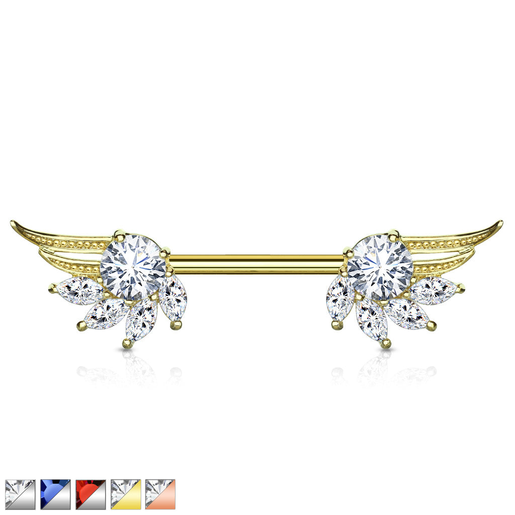 Round and Marquise CZ Prong Set Angel Wings Ends 316L Surgical Steel Nipple Barbell Rings - all colors