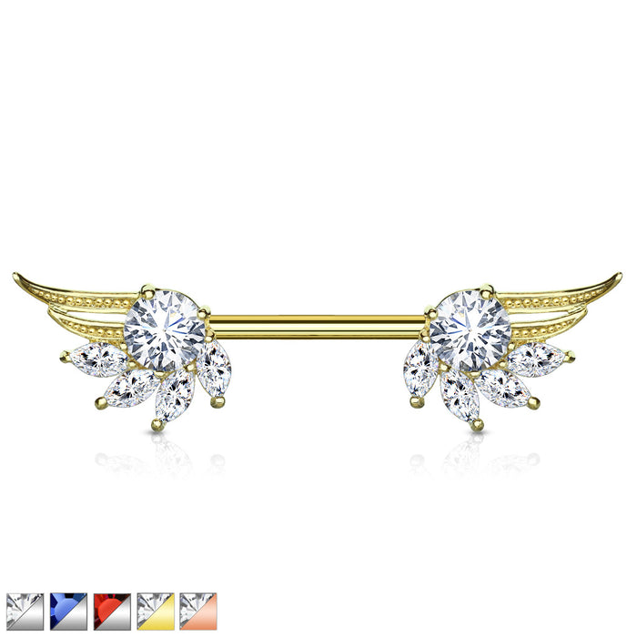 Round And Marquise CZ Angel Wings 316L Surgical Steel Nipple Barbell