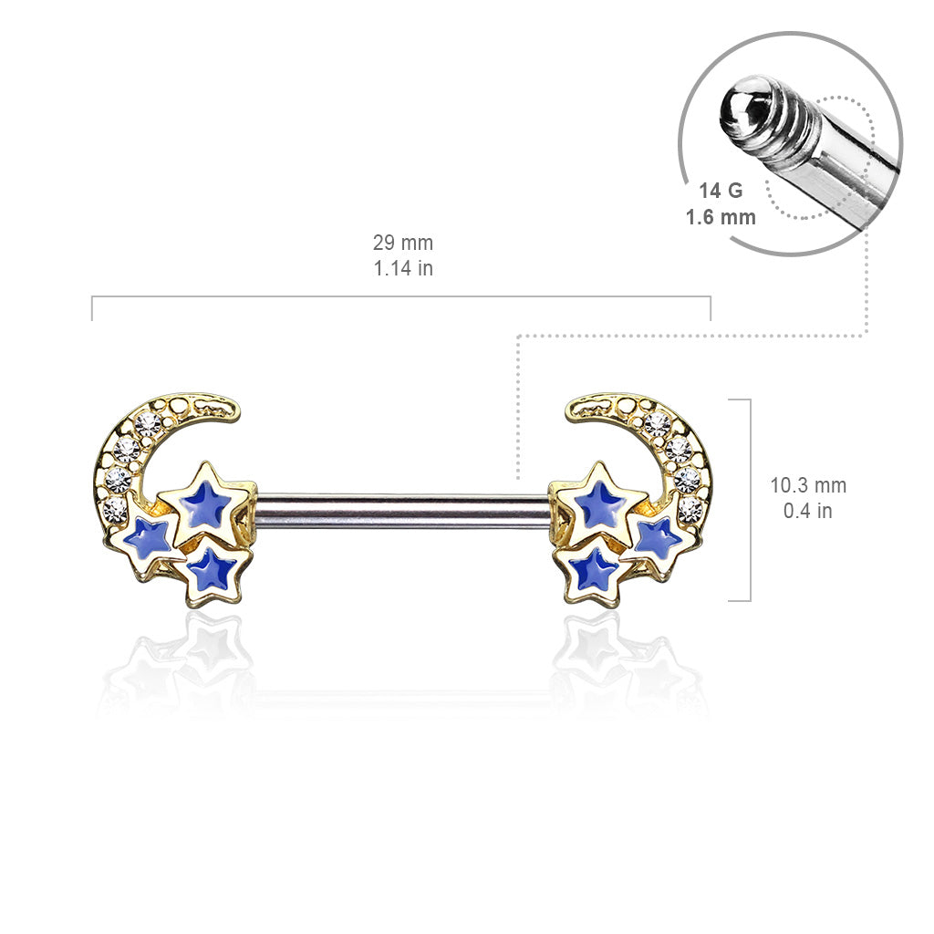 CZ Paved Crescent Moon with 3 Blue Stars 316L Surgical Steel Nipple Barbell Rings size chart