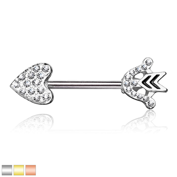 CZ Paved Heart Arrow And Bow End 316L Surgical Steel Nipple Barbell Rings