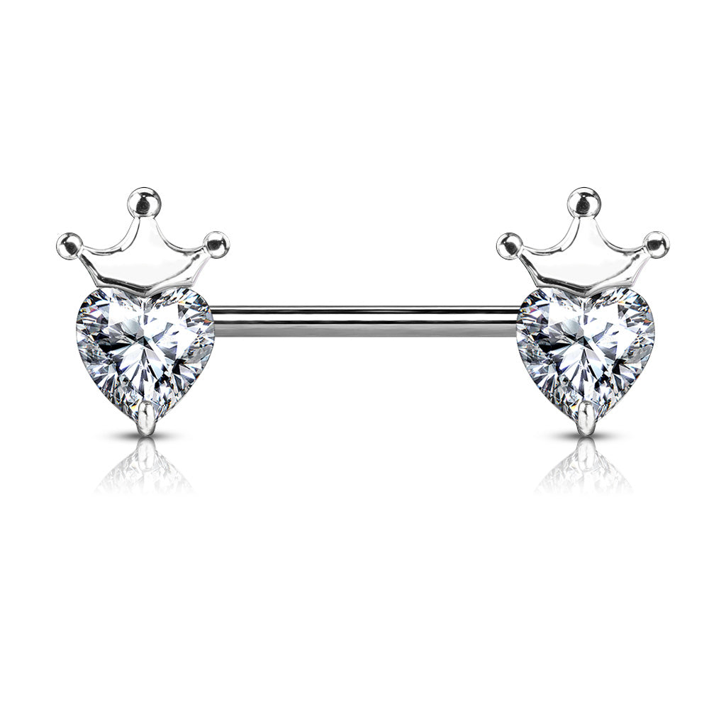 Heart Cz With Crown 316L Surgical Steel Barbell Nipple Rings - Clear