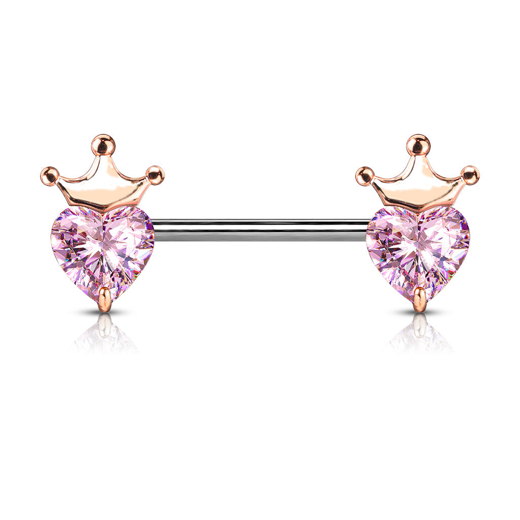 Heart Cz With Crown 316L Surgical Steel Barbell Nipple Rings - Rose Gold/Pink