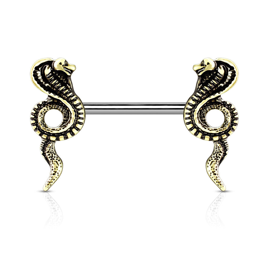 Cobra Ends 316L Surgical Steel Barbell Nipple Rings - Antique Gold