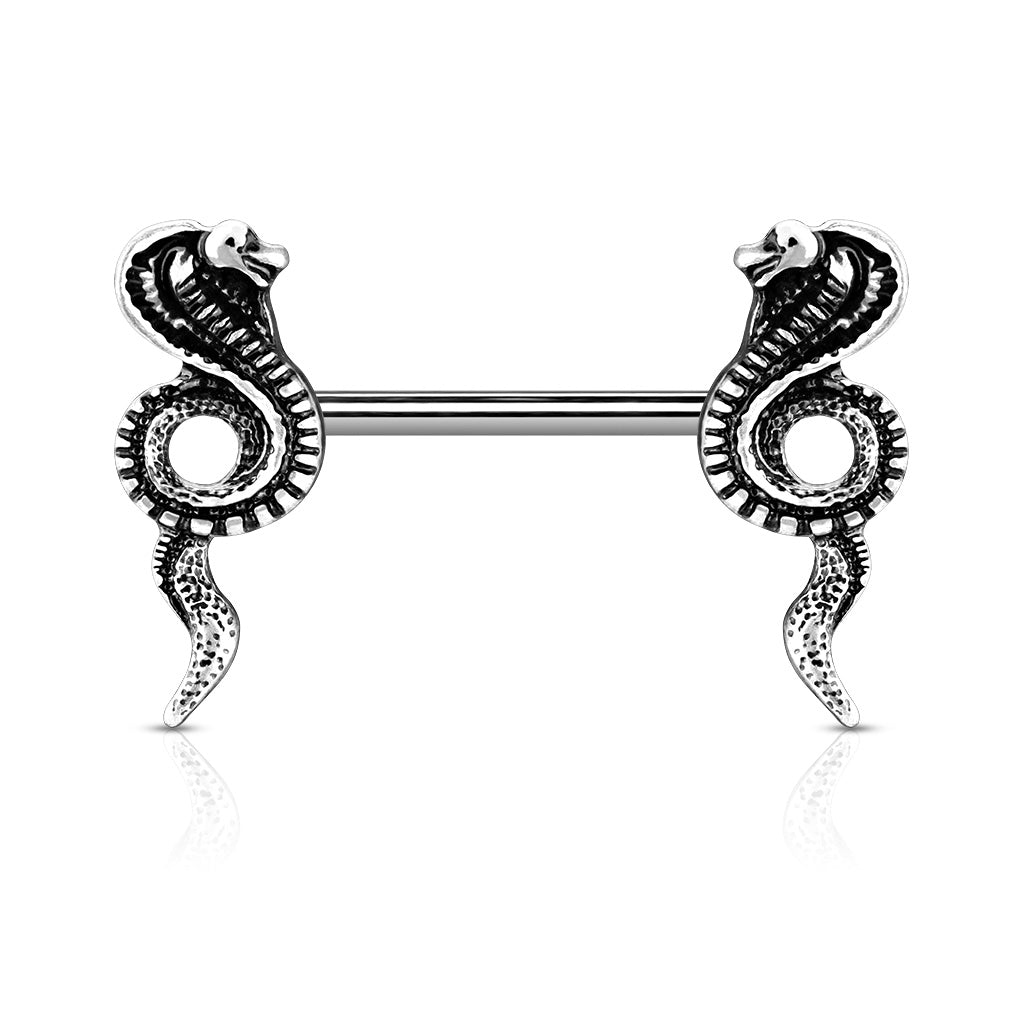 Cobra Ends 316L Surgical Steel Barbell Nipple Rings - Antique Silver