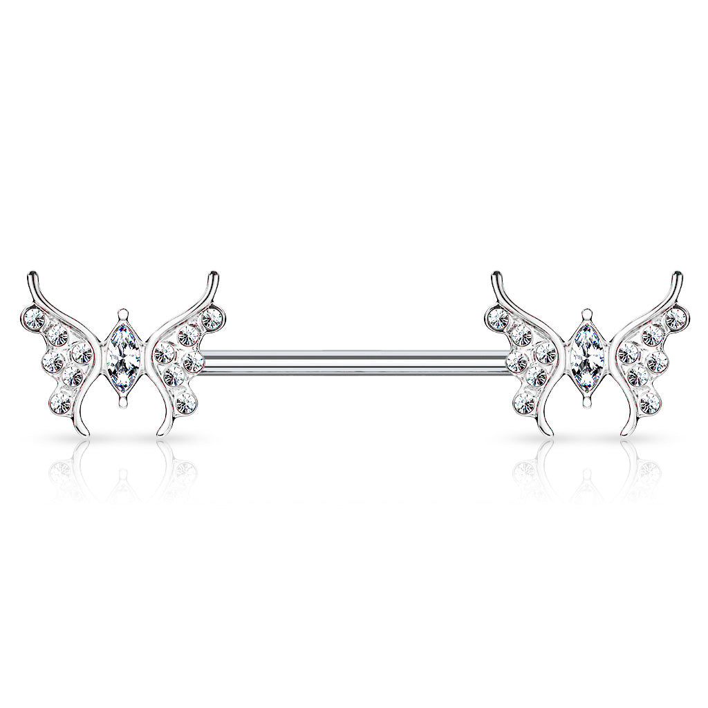 CZ Paved Butterfly with Marquise CZ Center 316L Surgical Steel Barbell Nipple Rings - Clear