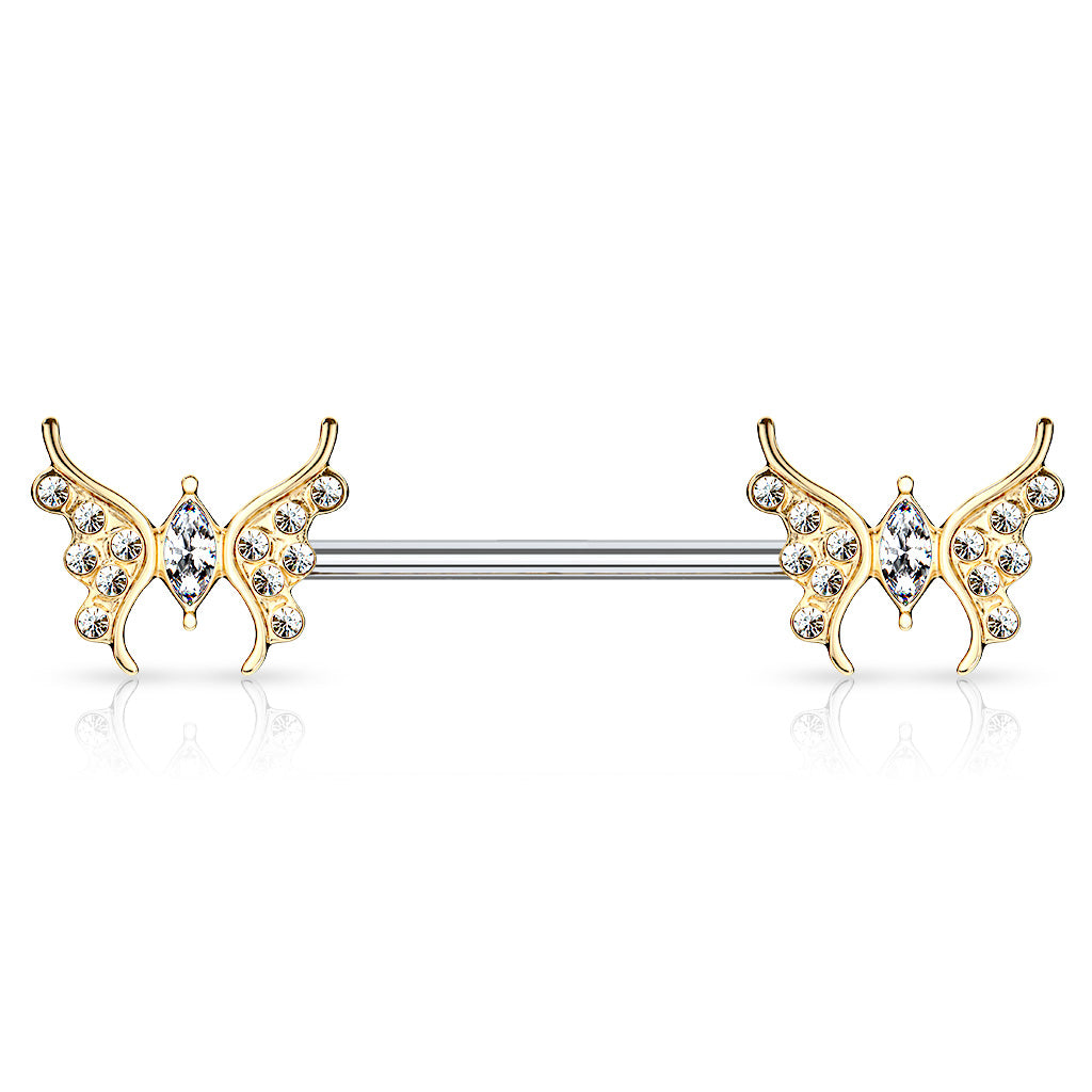 CZ Paved Butterfly with Marquise CZ Center 316L Surgical Steel Barbell Nipple Rings - Gold/Clear