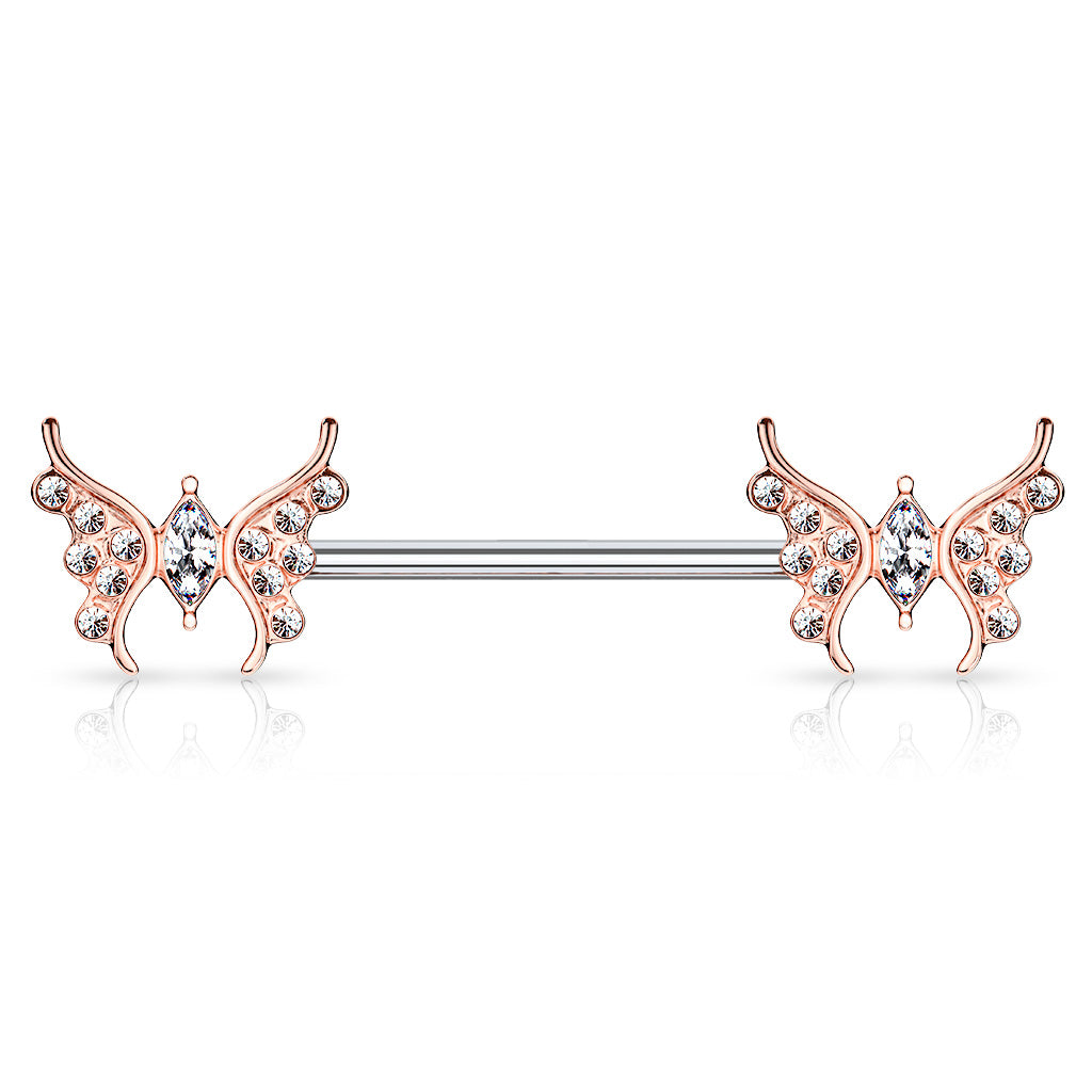 CZ Paved Butterfly with Marquise CZ Center 316L Surgical Steel Barbell Nipple Rings - Rose Gold/Clear