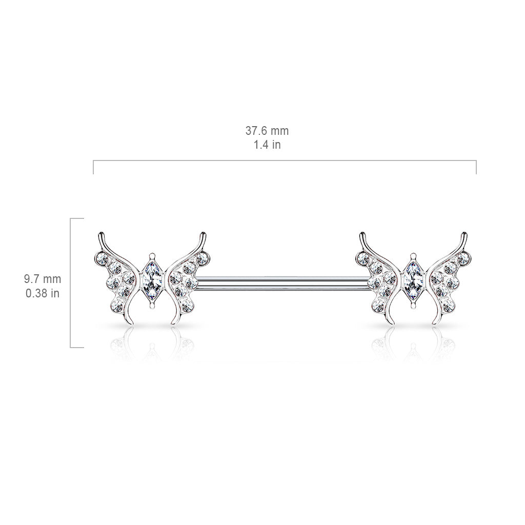 CZ Paved Butterfly with Marquise CZ Center 316L Surgical Steel Barbell Nipple Rings size chart
