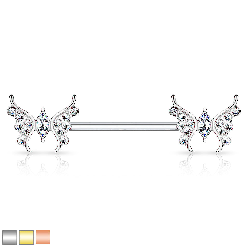 CZ Paved Butterfly with Marquise CZ Center 316L Surgical Steel Barbell Nipple Rings - all colors