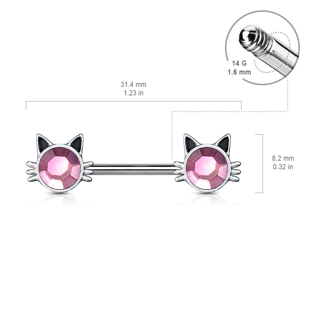 Cat with Pink Stone Set Ends 316L Surgical Steel Nipple Barbell Rings size chart