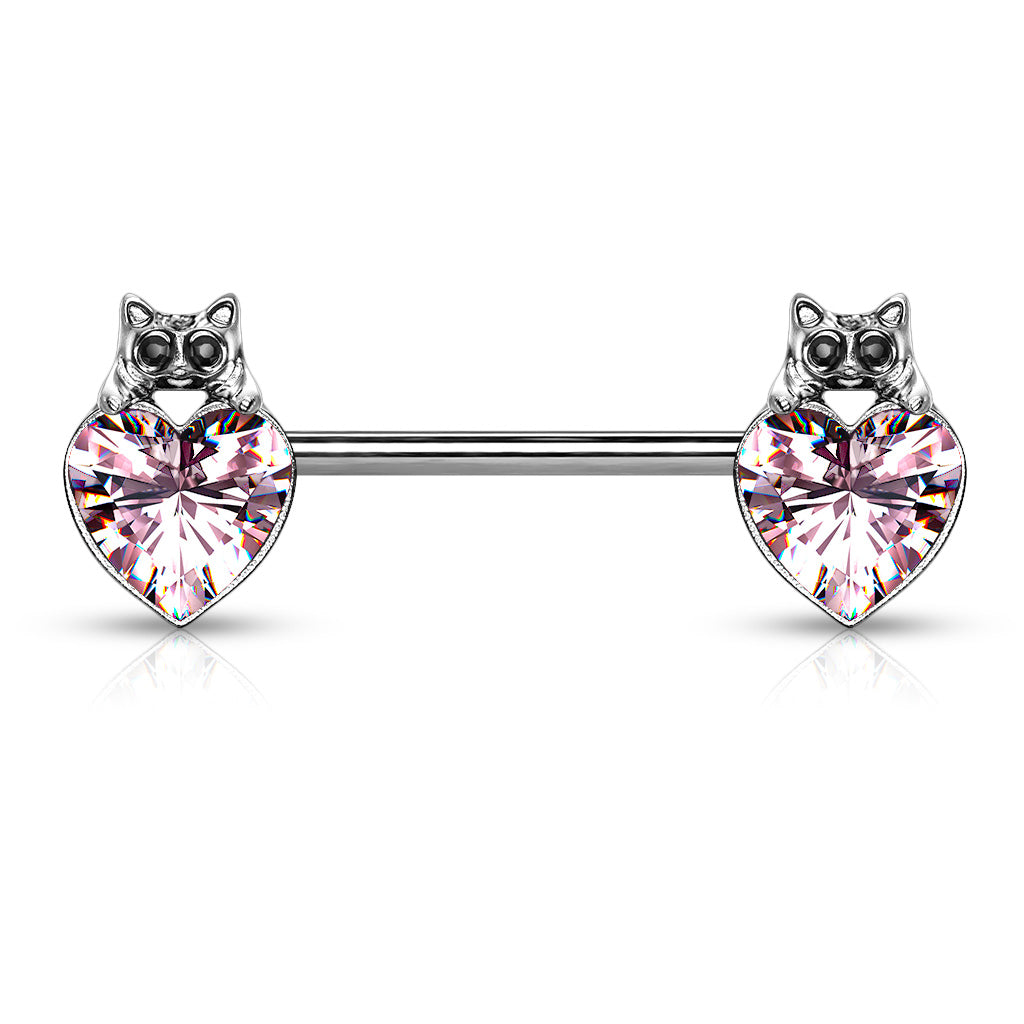 Cat with Black Crystal Eyes over Heart Crystal 316L Surgical Steel Nipple Barbell Rings - Pink