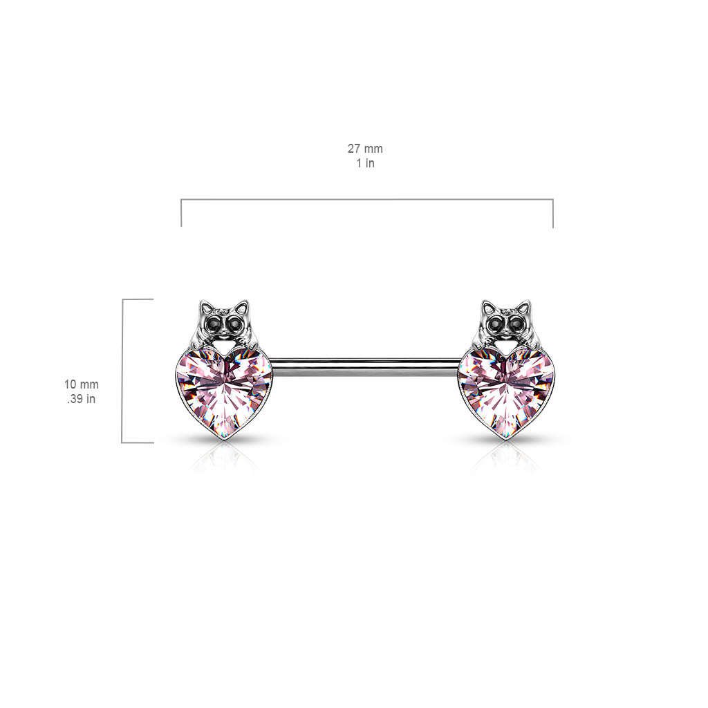 Cat with Black Crystal Eyes over Heart Crystal 316L Surgical Steel Nipple Barbell Rings size chart