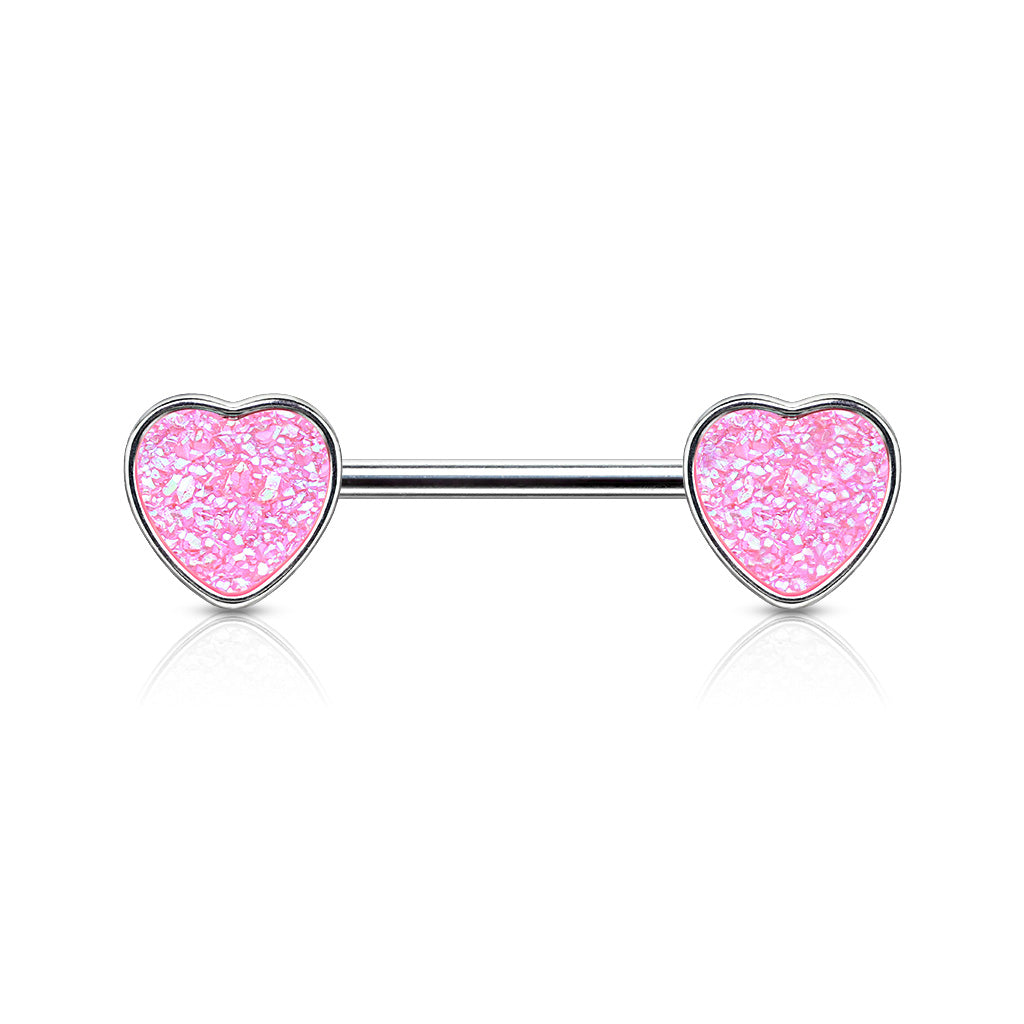 Druzy Stone Heart Set 316L Surgical Steel Nipple Barbell Rings - Pink