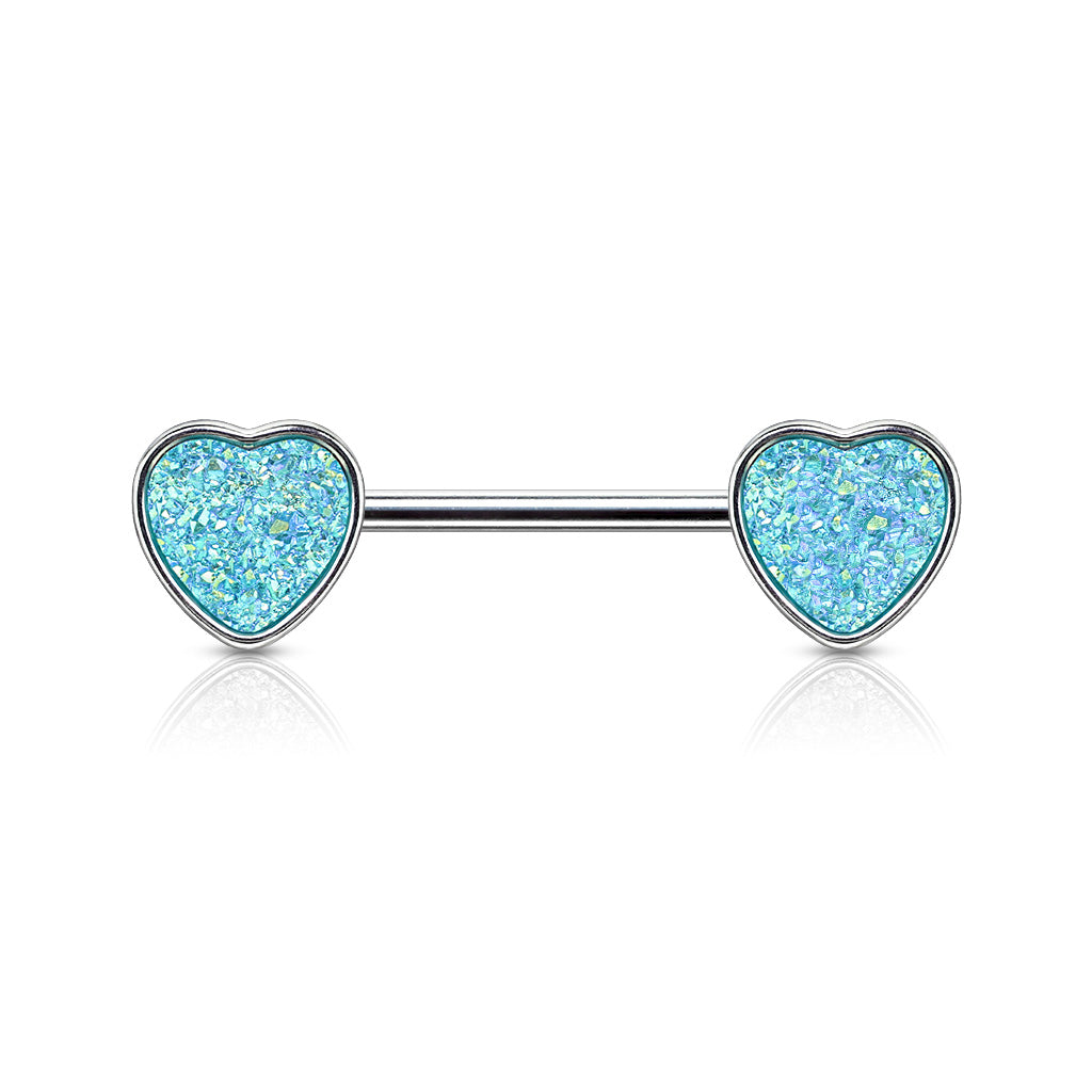 Druzy Stone Heart Set 316L Surgical Steel Nipple Barbell Rings - Aqua