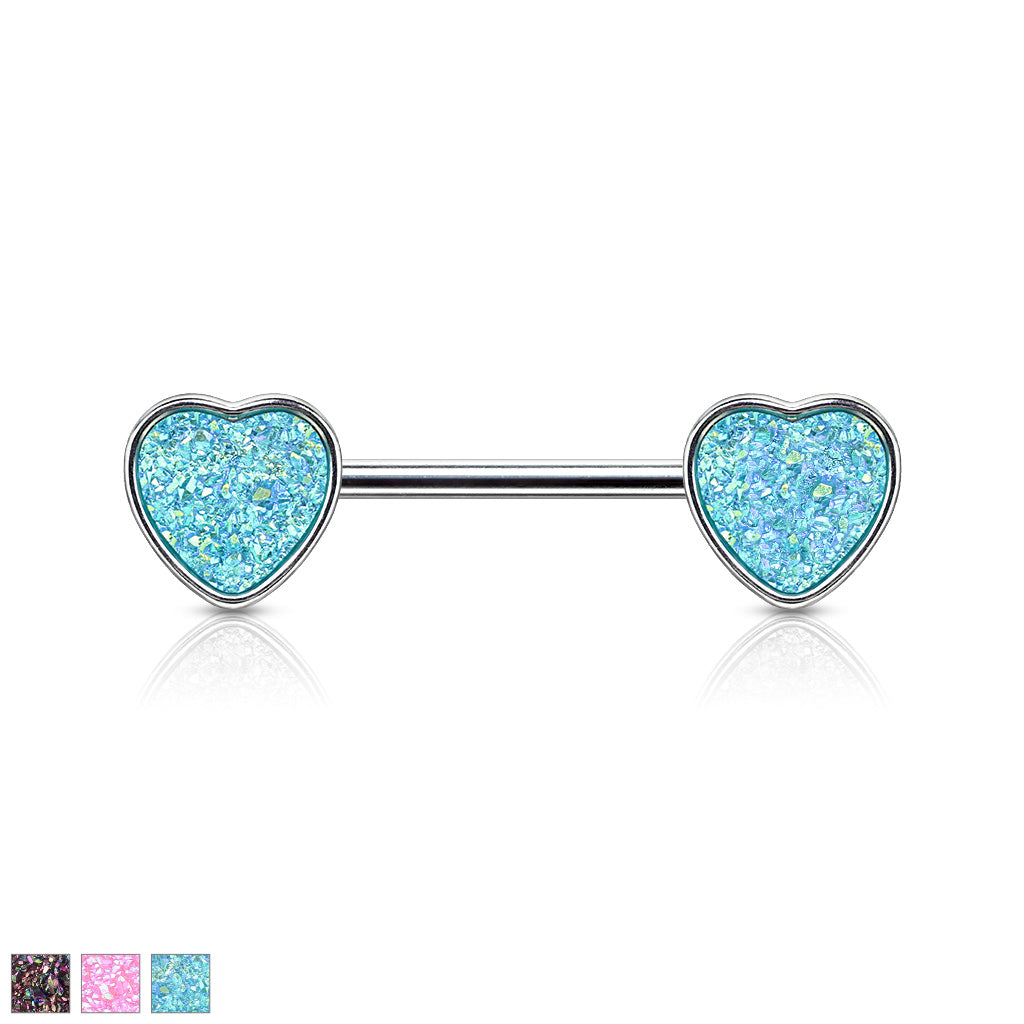 Druzy Stone Heart Set 316L Surgical Steel Nipple Barbell Rings - all colors