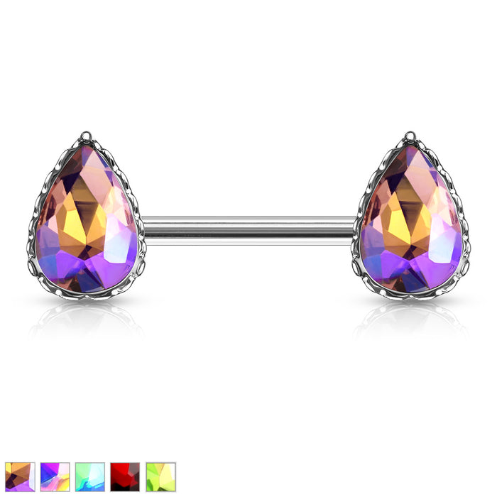 AB Teardrop Gem With Heart Filigree 316L Surgical Steel Nipple Barbell