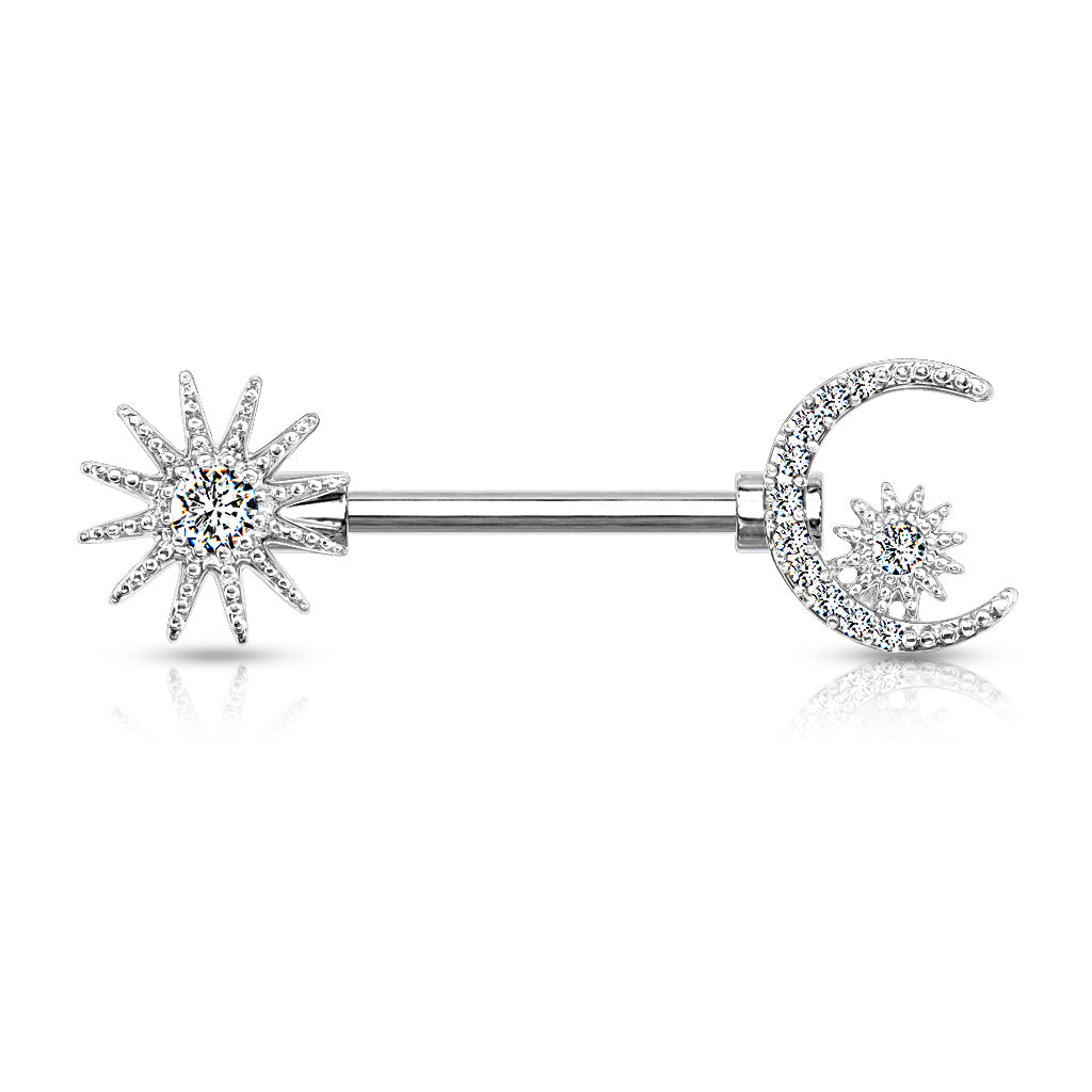 CZ Center Sun and CZ Paved Crescent Moon and Star 316L Surgical Steel Barbell Nipple Rings - Clear