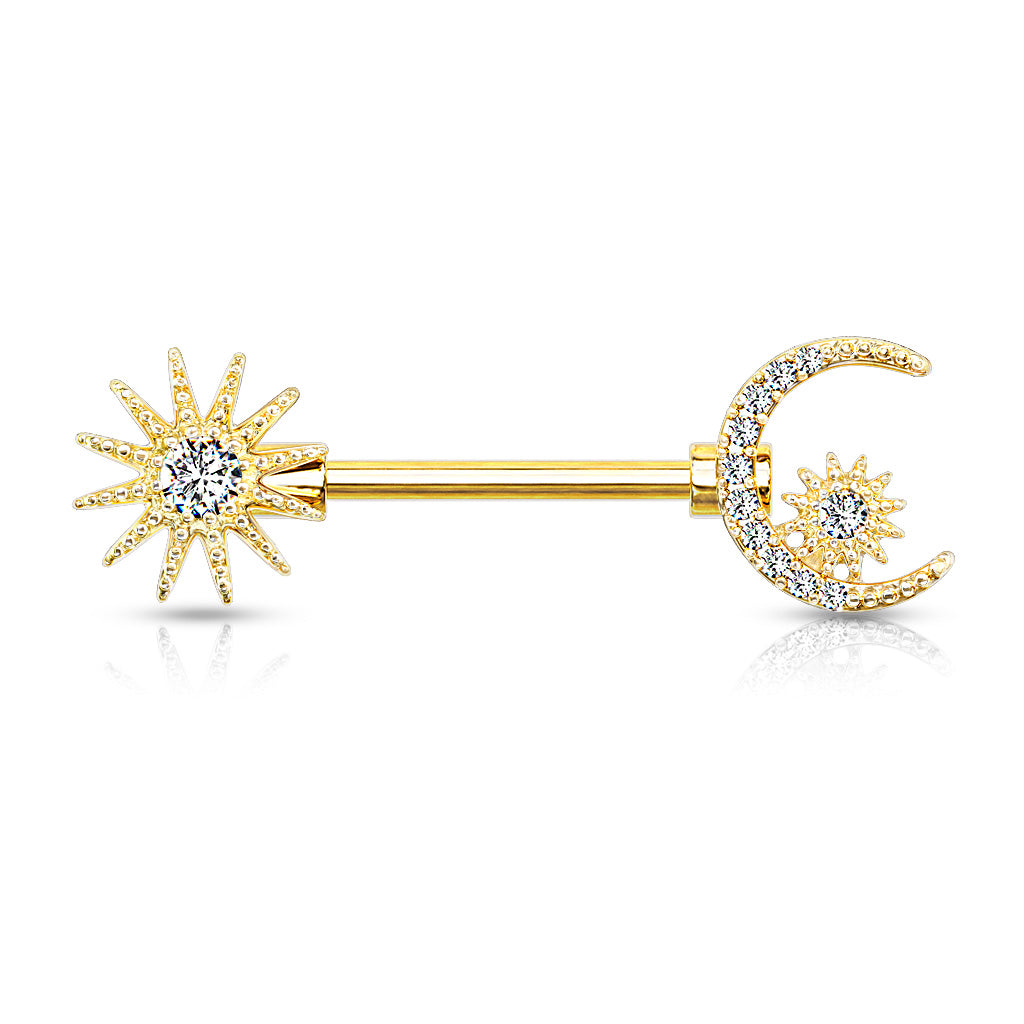 CZ Center Sun and CZ Paved Crescent Moon and Star 316L Surgical Steel Barbell Nipple Rings - Gold/Clear