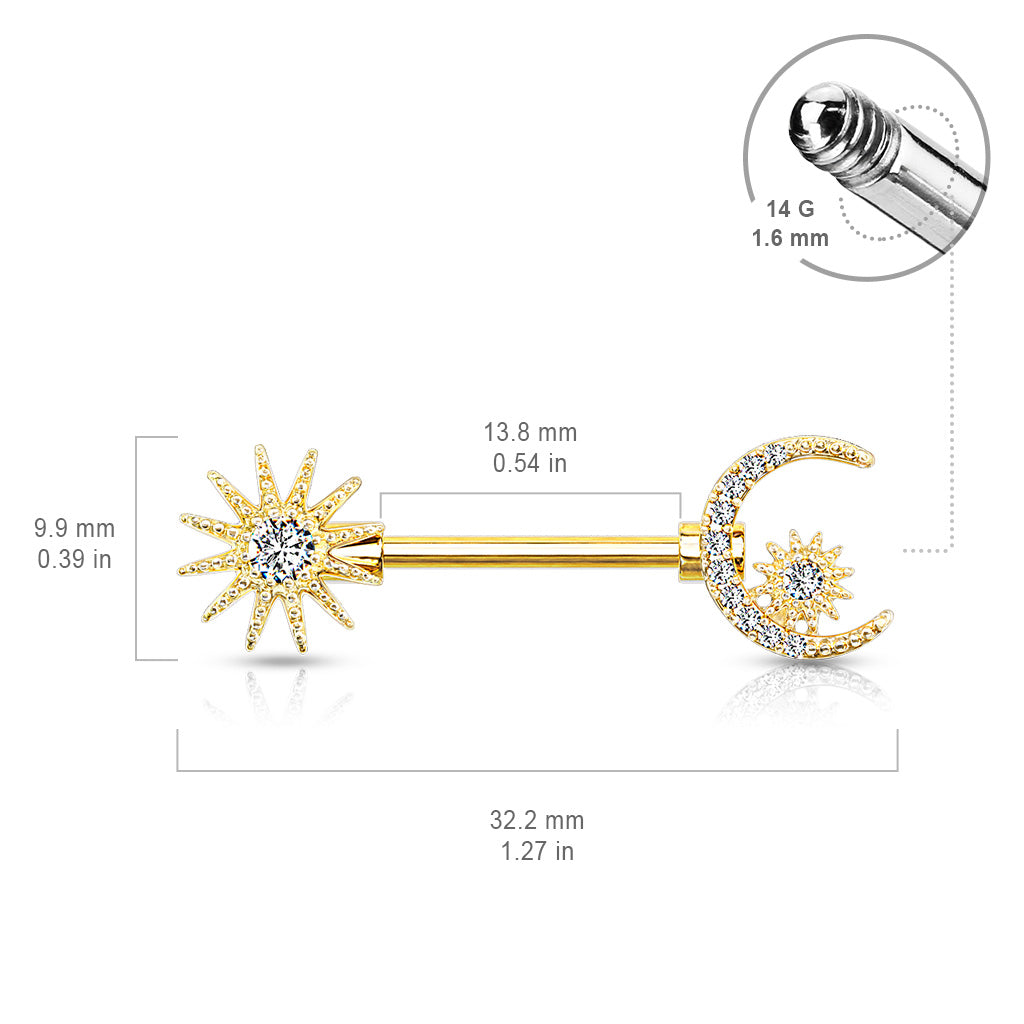 CZ Center Sun and CZ Paved Crescent Moon and Star 316L Surgical Steel Barbell Nipple Rings size chart