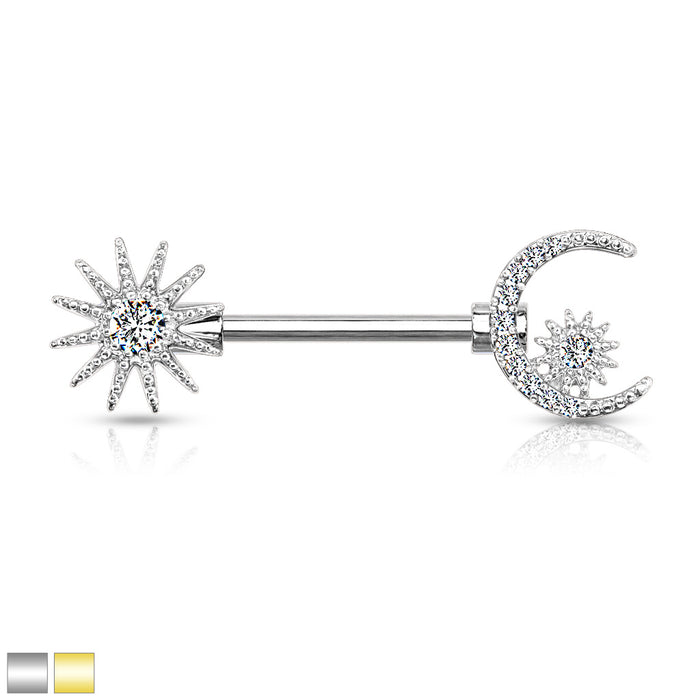 CZ Sun And Paved Crescent Moon And Star 316L Surgical Steel Nipple Barbell