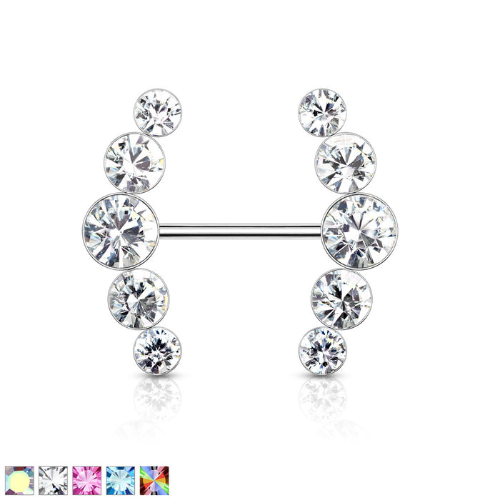 Five Round Crystals Lined Ends 316L Surgical Steel Barbell Nipple Rings