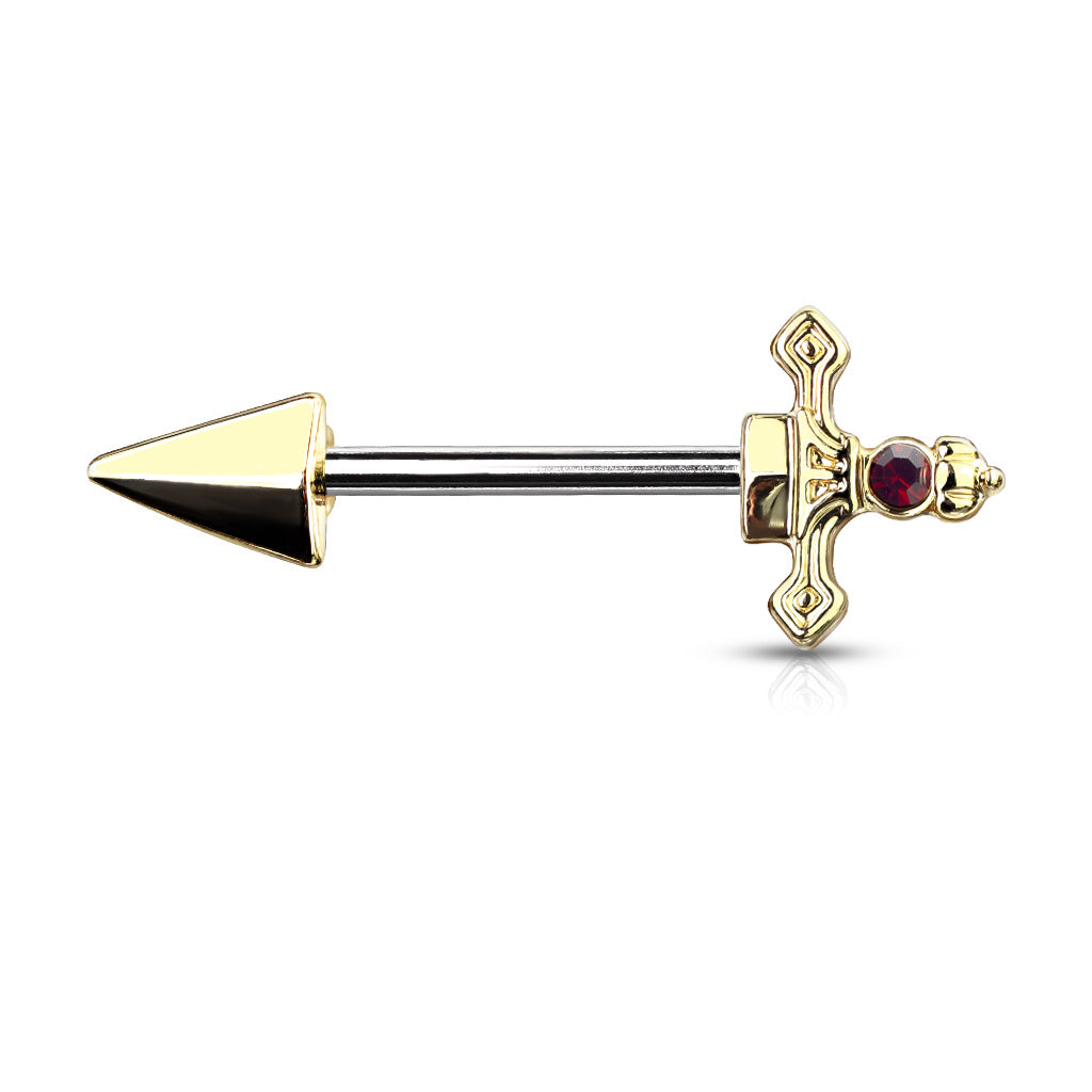 Red Gem Set Dagger 316L Surgical Steel Nipple Barbell Rings - Gold