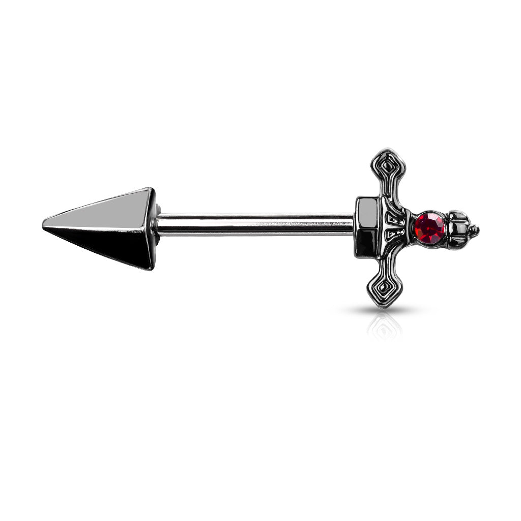 Red Gem Set Dagger 316L Surgical Steel Nipple Barbell Rings - Black