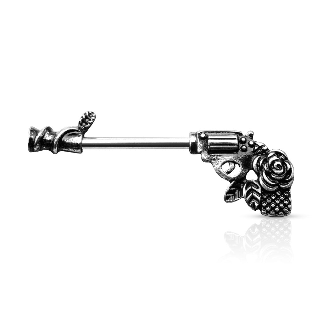 Rose Pistol 316L Surgical Steel Barbell Nipple Rings - Antique Silver